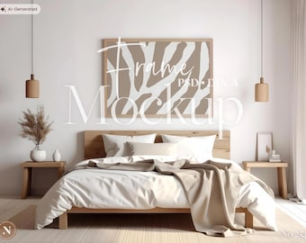 Horizontaler Rahmen PSD, DIN A | Neutral Gemütliche Boho Schlafzimmer Szene | Wand Kunst Display