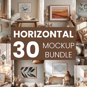May include: A collection of 30 horizontal mockup images displaying framed art prints. The images feature botanical and abstract designs, such as a lotus flower, leaf patterns, and landscape art. The bundle is designed for showcasing art prints in different settings.