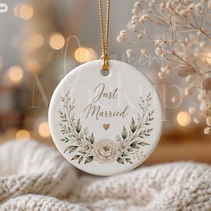 Christmas Ornament Mockup, Round Ceramic Ornament Template with Gold String, PSD, Holiday Decor, Christmas Gift, Digital Mockup