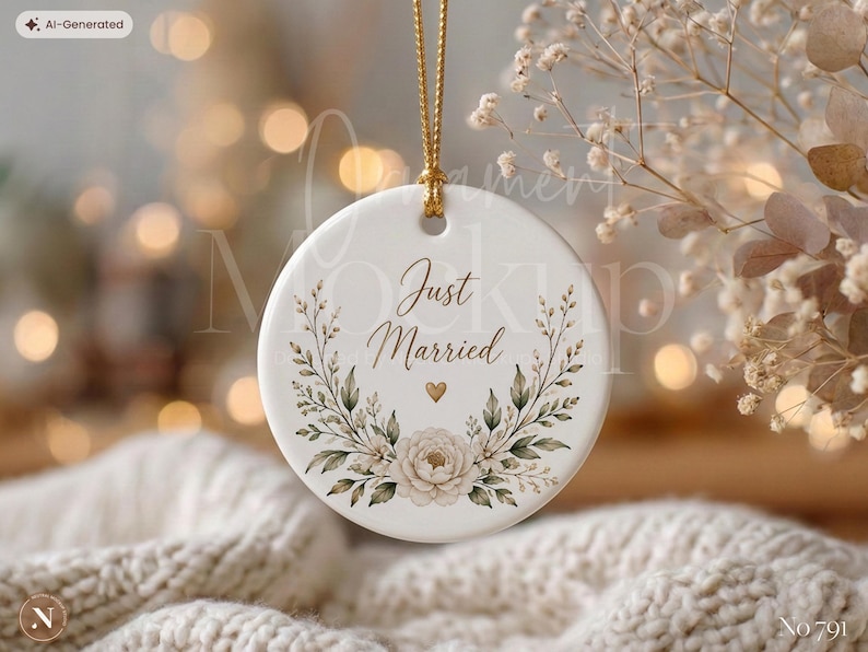 Christmas Ornament Mockup, Round Ceramic Ornament Template with Gold String, PSD, Holiday Decor, Christmas Gift, Digital Mockup