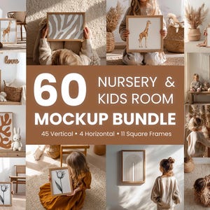 Könnte beinhalten: Eine Sammlung gerahmter Kunstdrucke für ein Kinderzimmer, mit Tierillustrationen und abstrakten Designs. Das Bild enthält den Text "60 Nursery & Kids Room Mockup Bundle".