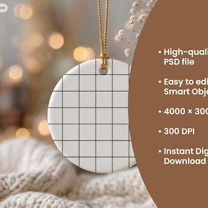 Christmas Ornament Mockup, Round Ceramic Ornament Template with Gold String, PSD, Holiday Decor, Christmas Gift, Digital Mockup