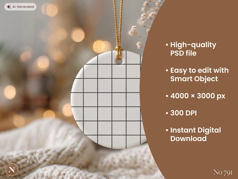 Christmas Ornament Mockup, Round Ceramic Ornament Template with Gold String, PSD, Holiday Decor, Christmas Gift, Digital Mockup
