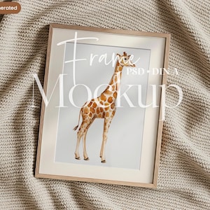 May include: A rectangular wooden picture frame containing a watercolor-style illustration of a giraffe with brown spots on a light background. The frame features the white text overlay Frame Mockup PSD DIN A, centered over the giraffe illustration.