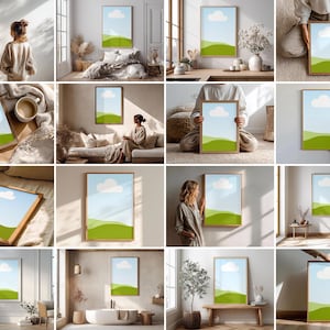 May include: A collection of framed art prints featuring a minimalist landscape design. Each print showcases a blue sky with a white cloud above green rolling hills. The frames are made of light-colored wood, and the art is displayed in various interior settings.