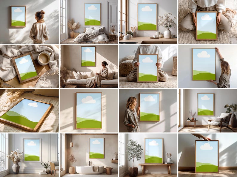 May include: A collection of framed art prints featuring a minimalist landscape design. Each print showcases a blue sky with a white cloud above green rolling hills. The frames are made of light-colored wood, and the art is displayed in various interior settings.