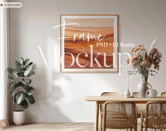 Square Frame Mockup PSD | 1:1 Ratio | Neutral Cozy Boho Interior Scene for Wall Art Display
