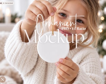 Christmas Ornament Mockup, Ornament for Kids, Round Ceramic Ornament Template with Gold String, Christmas Gift, Holiday Decor, PSD