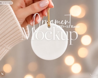 Christmas Ornament Mockup, Round Ceramic Ornament Template with Gold String, PSD, Holiday Decor, Christmas Gift, Ornament Display