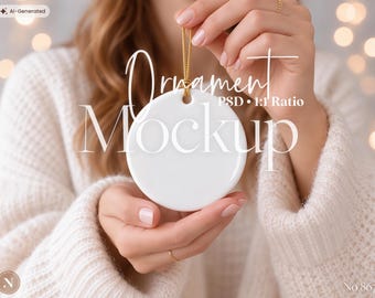 Christmas Ornament Mockup, Round Ceramic Ornament Template with Gold String, PSD, Holiday Decor, Christmas Gift, Digital Mockup