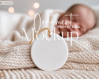 Christmas Ornament Mockup, Round Ceramic Ornament Template with Gold String, Kids, Baby First Christmas, Newborn Christmas, PSD