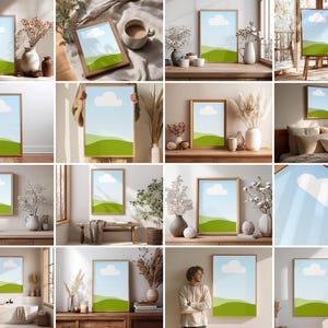 May include: A framed art print featuring a landscape scene with a blue sky, a white cloud, and green rolling hills. The artwork is displayed in various settings, including a living room, bedroom, and bathroom. The frame is a light brown color.