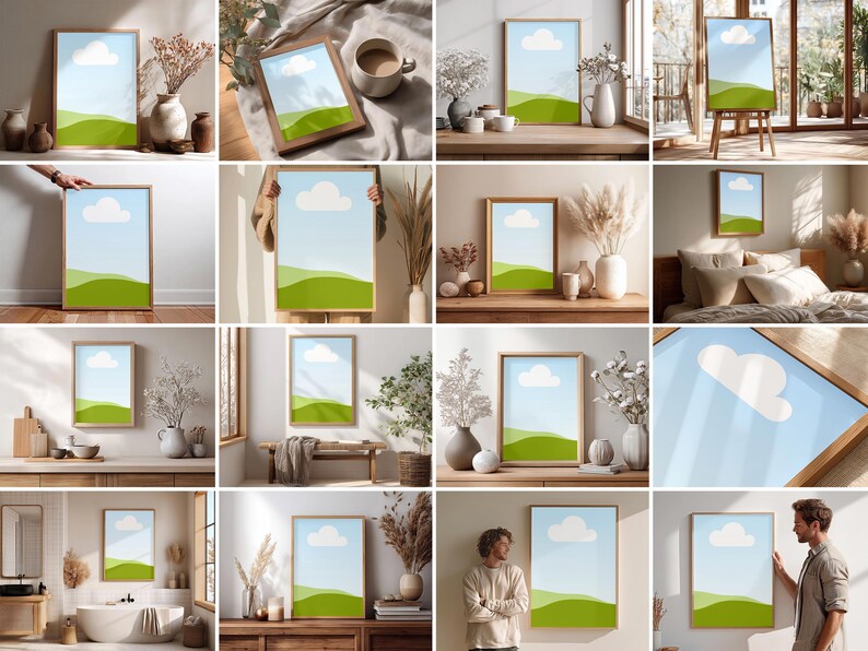 May include: A framed art print featuring a landscape scene with a blue sky, a white cloud, and green rolling hills. The artwork is displayed in various settings, including a living room, bedroom, and bathroom. The frame is a light brown color.