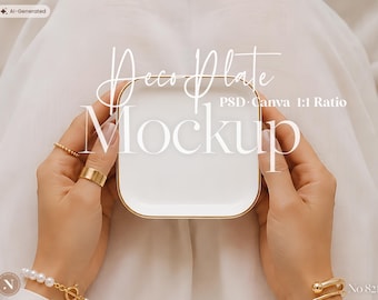 DecoPlate Jewelry Dish Mockup PSD Canva Square Ceramic Plate Template for Engagement Rings, Jewelry Display | Product Photography Mockup