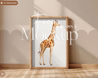 Könnte beinhalten: Ein rechteckiger Bilderrahmen aus Holz mit einer Aquarellillustration einer Giraffe mit braunen Flecken auf weißem Hintergrund. Der Rahmen steht aufrecht und der Text Frame Mockup PSD DIN A ist über die Mitte des Bildes gelegt.