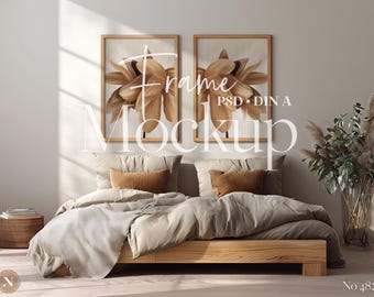 2 Frame Mockup Set PSD | Vertical Poster Frames | Neutral Cozy Boho Bedroom Interior