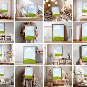 May include: A collection of framed art prints featuring a minimalist landscape design. Each print showcases a blue sky with a white cloud above rolling green hills. The frames are a warm, natural wood tone, and the prints are displayed in various interior settings.