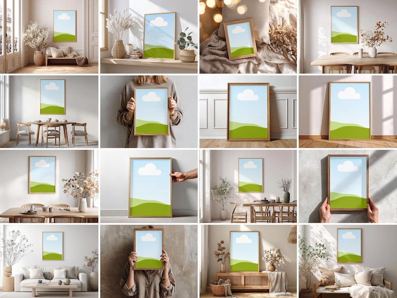 May include: A collection of framed art prints featuring a minimalist landscape design. Each print showcases a blue sky with a white cloud above rolling green hills. The frames are a warm, natural wood tone, and the prints are displayed in various interior settings.