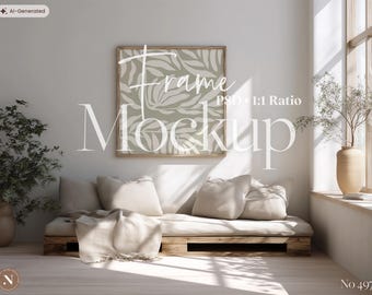 Square Frame Mockup PSD | Neutral Cozy Boho Scene for Wall Art Display