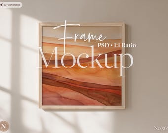 Square Frame Mockup PSD, 1:1 Ratio, Minimal Wooden Frame on White Wall, Photoshop Template