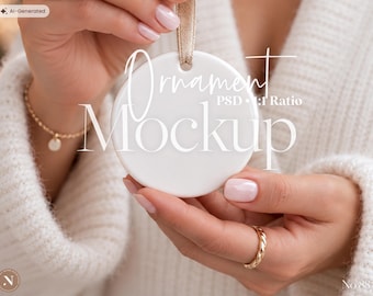 Christmas Ornament Mockup, Round Ceramic Ornament Template with Gold String, PSD, Holiday Decor, Christmas Gift