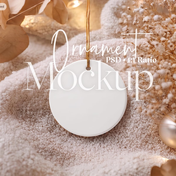 Christmas Ornament Mockup, Round Ceramic PSD Template with Gold String, Holiday Decor, Digital Ornament, Photoshop Mockup