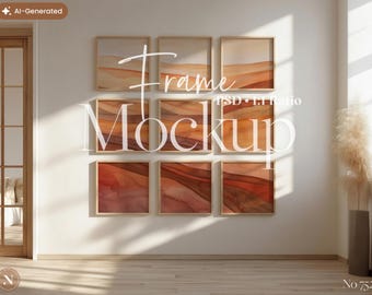 May include: Nine square framed art prints with abstract watercolor landscape designs in warm earth tones. The frames are light wood, and the artwork is displayed on a white wall. The image includes the text "Frame Mockup".