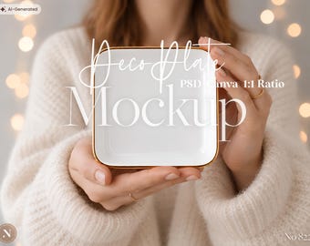 Mockup PSD de prato para joias DecoPlate, Canva, modelo de prato de cerâmica quadrado para exibição de anéis de noivado, mockup de exibição de joias, fotografia de produto