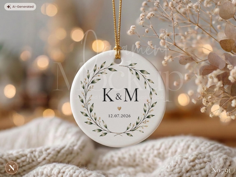 Christmas Ornament Mockup, Round Ceramic Ornament Template with Gold String, PSD, Holiday Decor, Christmas Gift, Digital Mockup