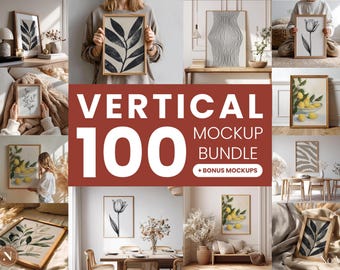 Paquete de 100 maquetas de marcos verticales / PSD / Exhibición de arte mural interior neutral / Descarga digital