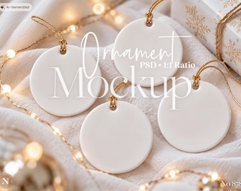 Christmas Ornament Mockup, 4 Round Ceramic Ornaments Template with Gold String, PSD, Holiday Decor, Christmas Gift