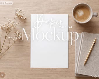 A4 Paper Mockup PSD, Printable Mockup for Planner, Calendar, Worksheet | Flat Lay, Photoshop Template
