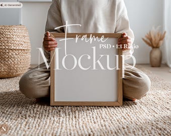 Square Frame Mockup PSD | 1:1 Ratio | Neutral Cozy Boho Scene | Woman Holding Frame
