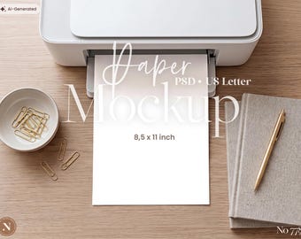 US Letter Printer Paper Mockup PSD, 8.5x11 Inch, Printable Mockup for Planner, Calendar, Worksheet