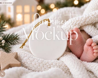Christmas Ornament Mockup, Round Ceramic Ornament Template with Gold String, Kids, Baby First Christmas, Newborn Christmas, PSD