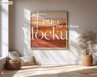 Square Frame Mockup PSD | Neutral Boho Wall Art Display, Cozy Minimal Interior