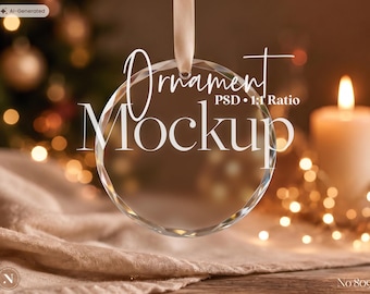 May include: A clear, circular, faceted glass ornament hanging from a light-colored ribbon. The text "Ornament Mockup" and "PSD • 1:1 Ratio" is overlaid on the center of the ornament. The glass has a beveled edge and a smooth, transparent surface.