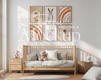 Maqueta de 6 marcos verticales / DIN A / Escena de habitación infantil / Maqueta de pared de galería (PSD)