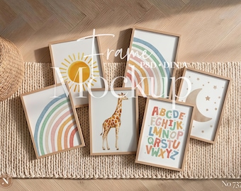 Maqueta de 6 marcos verticales / DIN A / Escena de habitación infantil neutra / Maqueta de pared de galería (PSD)