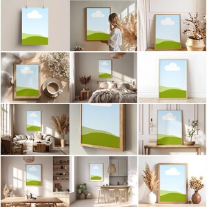 May include: A collection of framed art prints featuring a minimalist landscape design. Each print showcases a blue sky with a white cloud above green rolling hills. The frames are various sizes and styles, displayed in different interior settings.