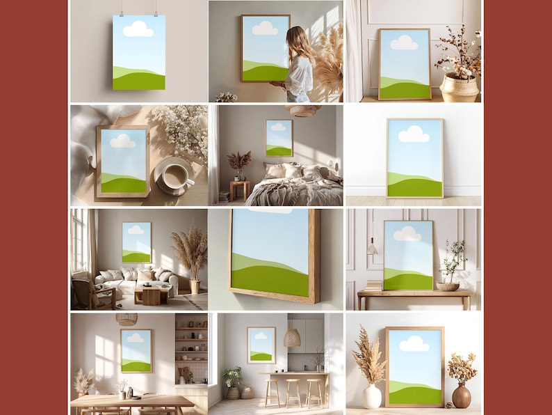 May include: A collection of framed art prints featuring a minimalist landscape design. Each print showcases a blue sky with a white cloud above green rolling hills. The frames are various sizes and styles, displayed in different interior settings.