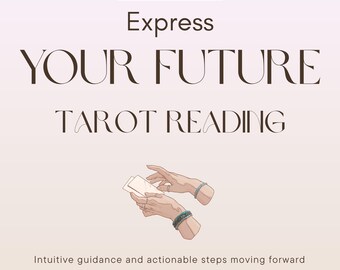 May include: A digital graphic featuring the text Transformational Tarot, Express YOUR FUTURE TAROT READING, and Intuitive guidance and actionable steps moving forward. An illustration shows two hands holding a small stack of blank white cards.