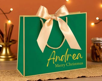 Gepersonaliseerde kerstcadeauzakje, aangepaste rood-groene tassen, lintstrik kerstfeestzakjes, gepersonaliseerde naam vakantiecadeau, feestelijke geschenken