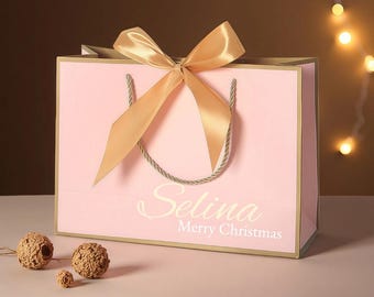 Sacchetto regalo rosa per Buon Natale, sacchetti con fiocco, sacchetti regalo con nome, sacchetti regalo per addio al nubilato, sacchetti regalo per compleanno, sacchetti regalo per matrimonio