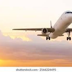 May include: A white passenger airplane in flight against a backdrop of a sunset. The plane has two engines and is seen from a low angle, with the sun partially visible in the lower left corner.