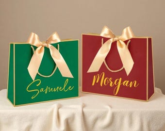 Gepersonaliseerde kerstcadeautassen, lintstrik kerstfeest, aangepaste naam vakantiecadeau zak voor feestelijke geschenken, herbruikbaar feestelijk decor