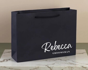 Bolsa de regalo negra personalizada, detalle para bodas, con estampado metalizado
