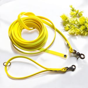 Può includere: Un guinzaglio giallo brillante per cani e un anello abbinato. Il guinzaglio è arrotolato e l'anello ha la forma di un otto. Entrambi hanno moschettoni e occhielli in metallo. Sfondo bianco con fiori gialli.