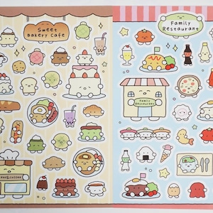 May include: A sheet of colorful stickers featuring cute food and restaurant-themed illustrations. The stickers include cakes, sushi, pizza, and drinks, with text that reads "Sweet Bakery Cafe" and "Family Restaurant".