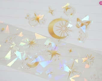 Dreamy Night Sky Crystal Tape sticker, Transparent Holographic Roll for Scrapbook, Planner, Toploader Deco